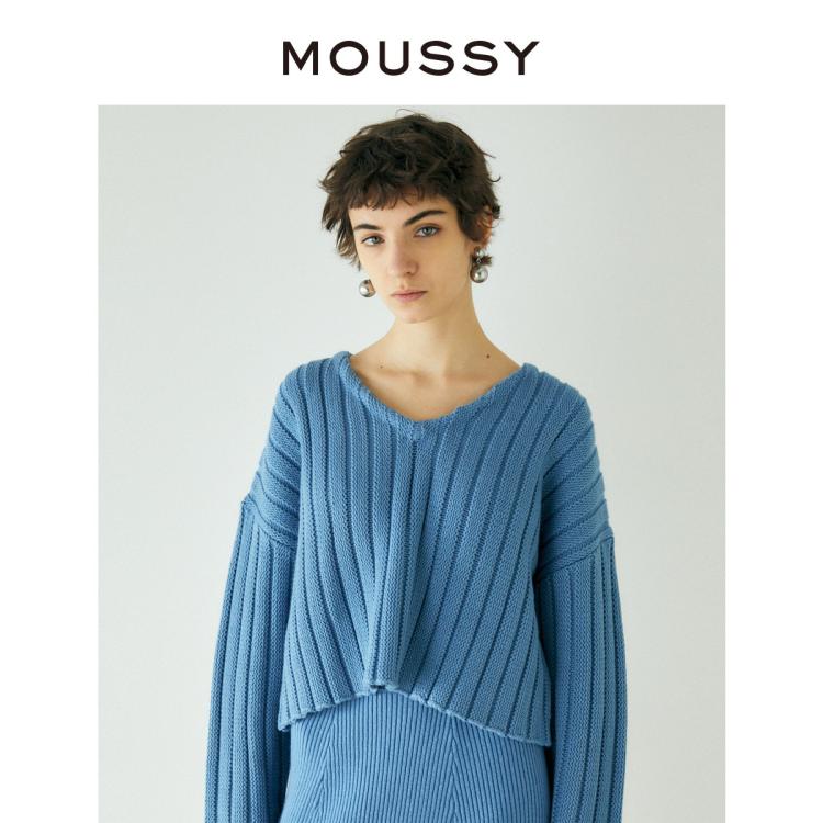 Moussy 秋季v领坑条纹温柔感宽松针织衫女010ea270-6750 In Blue