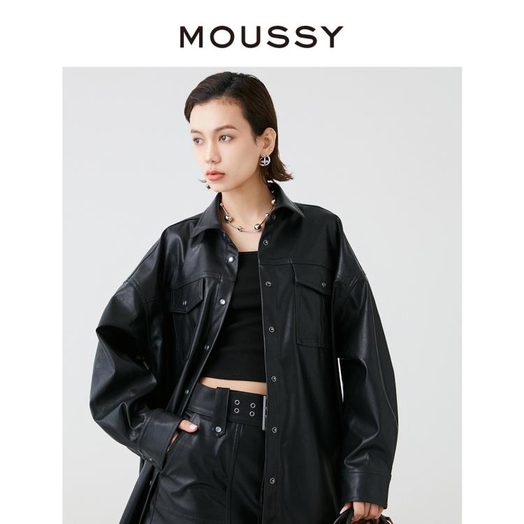 Moussy 明星同款秋季女士酷帅街头风皮衣外套028hsz30-0531 In Black