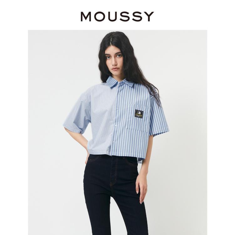 Moussy 春季新品短款条纹米奇印花短袖衬衫女028gsq30-0130 In Blue