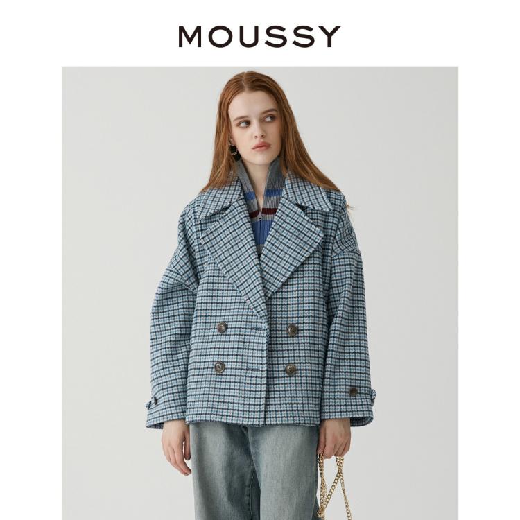 Moussy 秋季复古格纹大翻领毛呢夹克外套女028gsw30-5010 In Blue