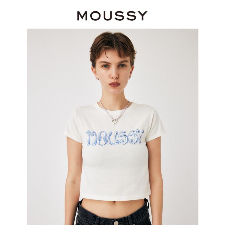 Moussy 春夏新款金属质感印花小版型短袖t恤010gaq90-5400 In White
