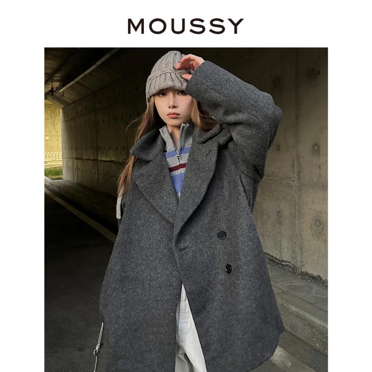 Moussy 明星同款秋季通勤翻领毛呢西装外套010gas30-7390 In Gray