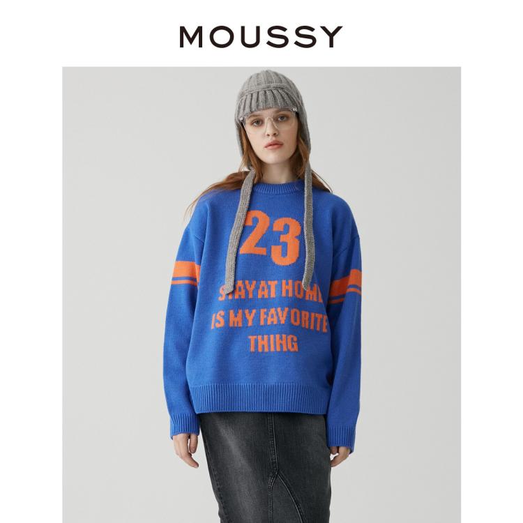 Moussy 秋季美式学院风圆领字母厚款毛衣028gaz70-5410 In Blue