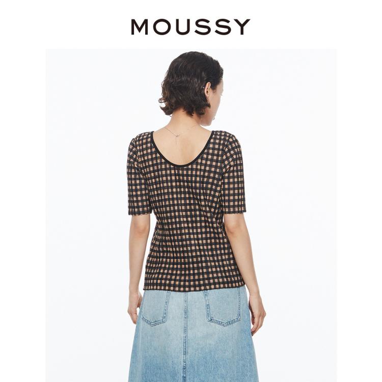 MOUSSY MOUSSY 秋季复古风经典格纹五分袖针织上衣029ESA80-0340 6921066907588788184