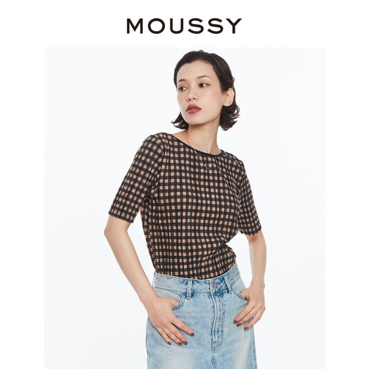 MOUSSY MOUSSY 秋季复古风经典格纹五分袖针织上衣029ESA80-0340 6921066907588788184