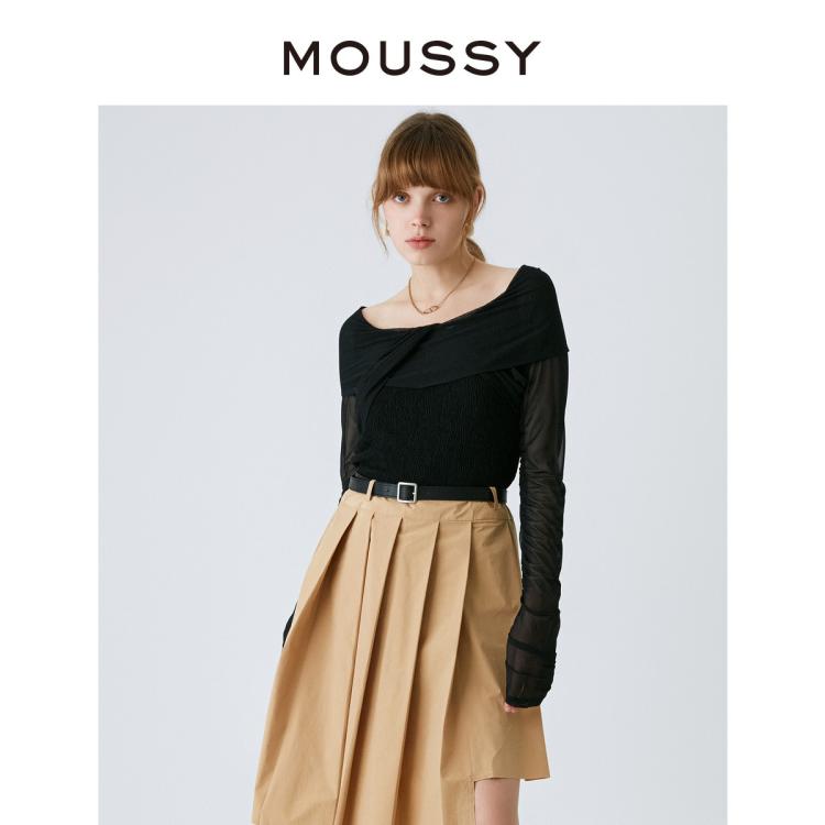 Moussy 秋季芭蕾风弹力一字肩针织小上衣女028gaz80-5010 In Brown