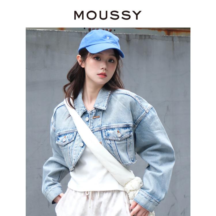 Moussy 秋季甜酷风休闲截断牛仔夹克外套女028ga711-5010 In Blue