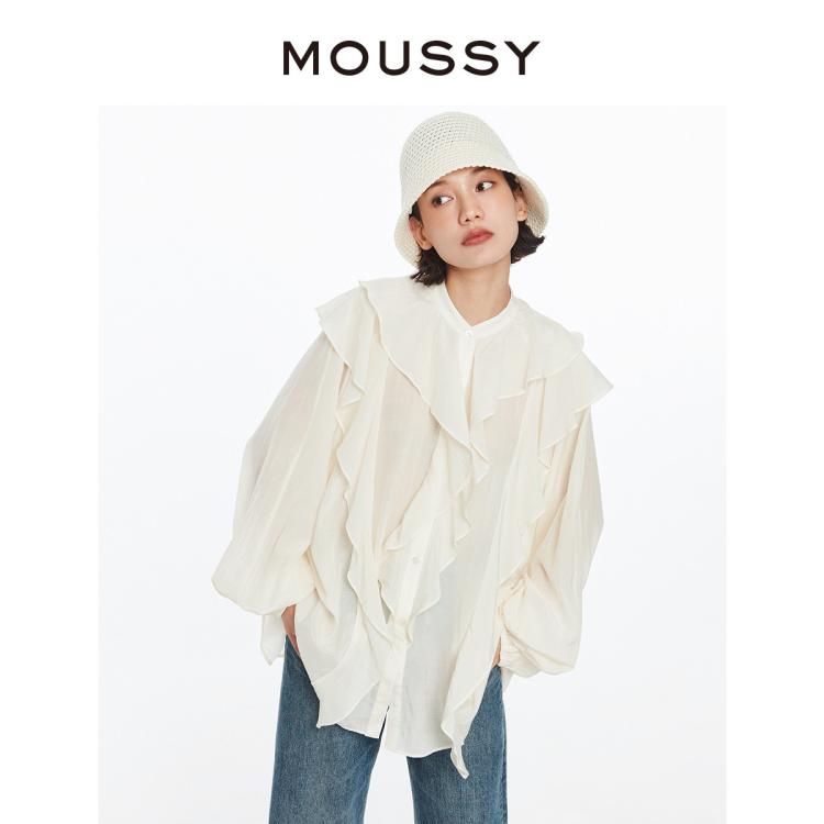Moussy 夏季新品甜美森系荷叶边阔版衬衫女028hsz30-0931 In White