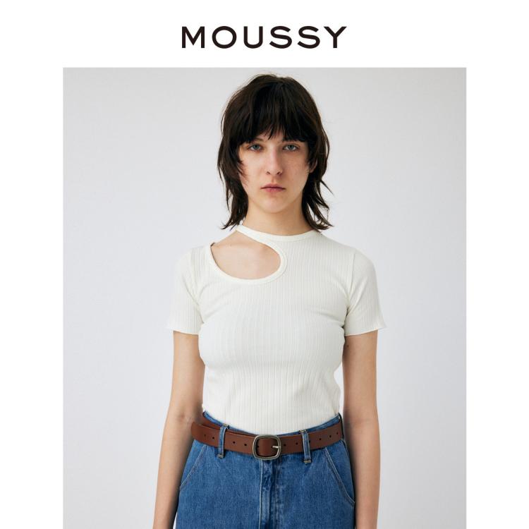 Moussy 春季新品创意破洞露锁骨简约短袖t恤010gss80-1160 In White