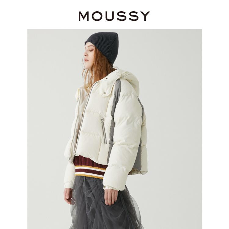 MOUSSY 秋季休闲风白灰拼色连帽短款羽绒服028GAZ30-6100