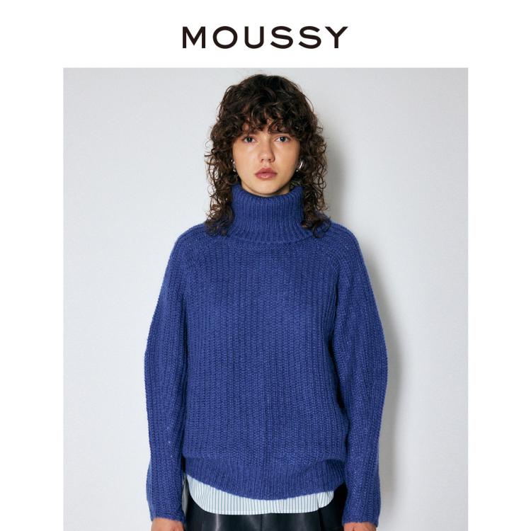 Moussy 秋季日系简约风软糯高领套头针织衫010faw70-6100 In Blue