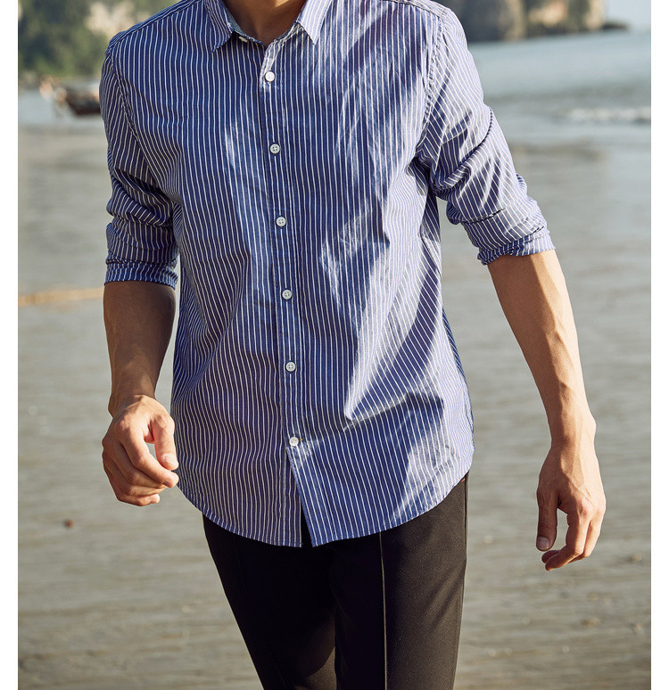 秋季条纹衬衫男纯棉男士青年休闲竖条纹衬衣潮流长袖寸衫