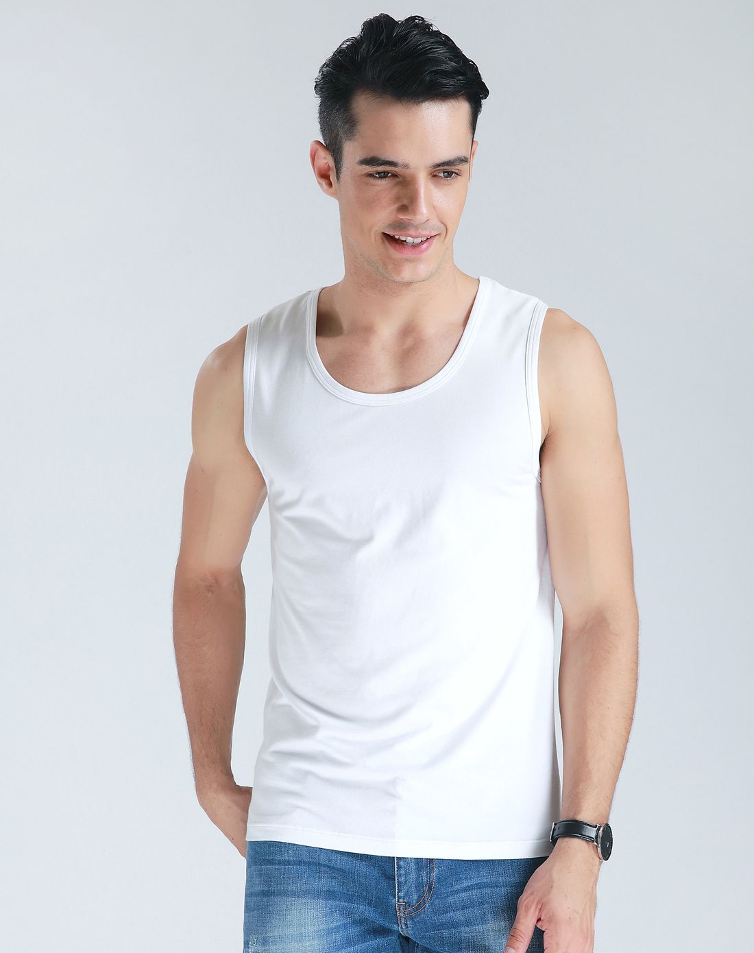 2018夏季新款棉氨休闲打底t恤男纯色打底 男士白色小背心