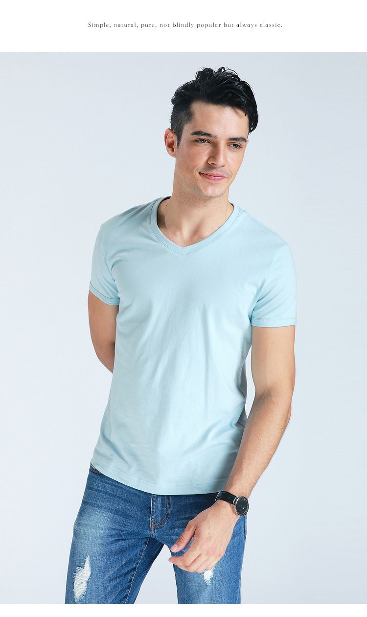 2018春全棉紧密纺v领短袖t恤