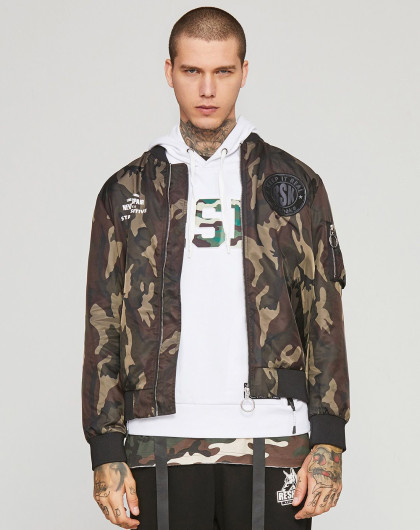 马克华菲潮牌reshake2018秋季新品男士迷彩棒球领印花飞行员夹克