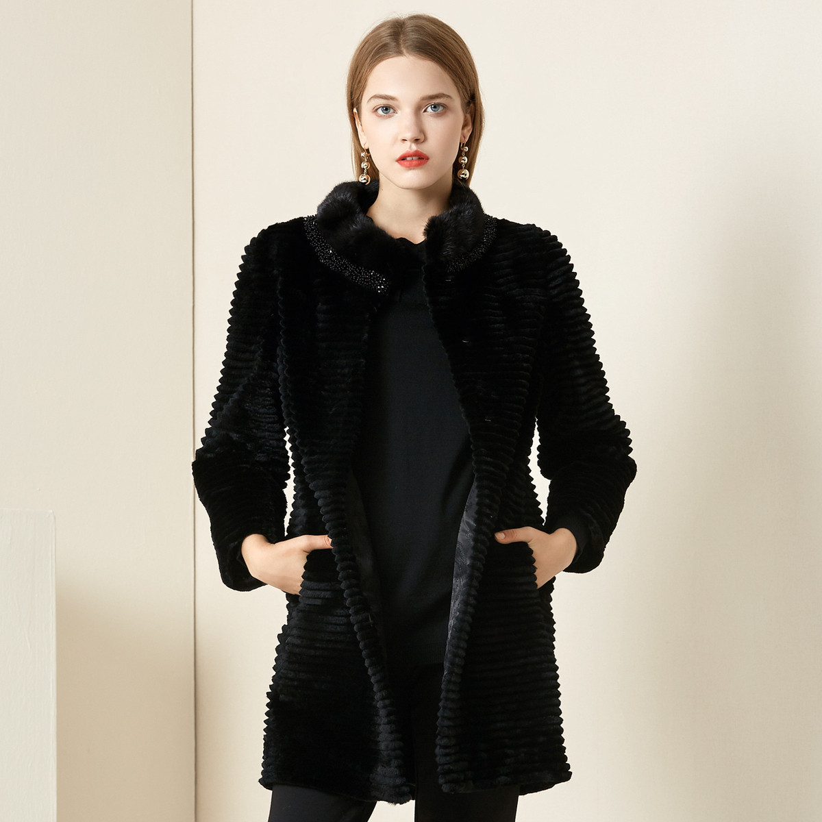 娜尔思品牌女装冬装新款中长款裘皮外套气质兔毛皮草大衣保暖