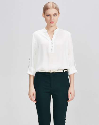 舒朗【专柜同步】新款女士白色优雅休闲衫 v领纯色涤纶衬衫女