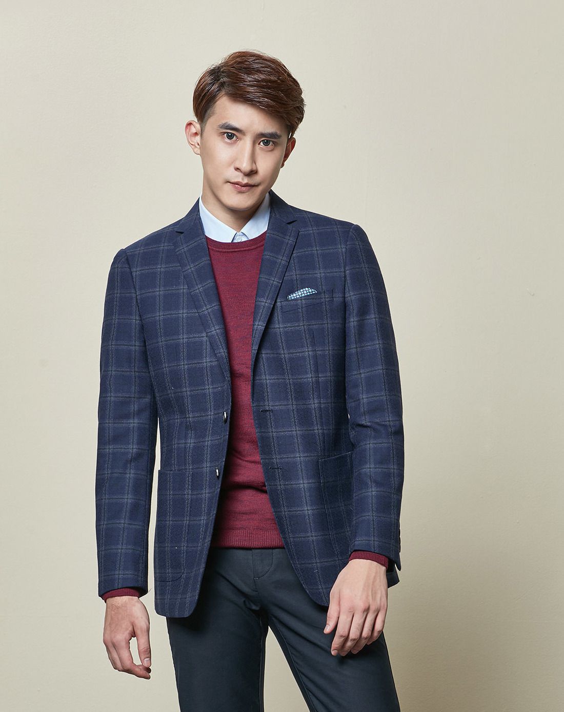 专柜同步 时尚格纹修身羊毛单西