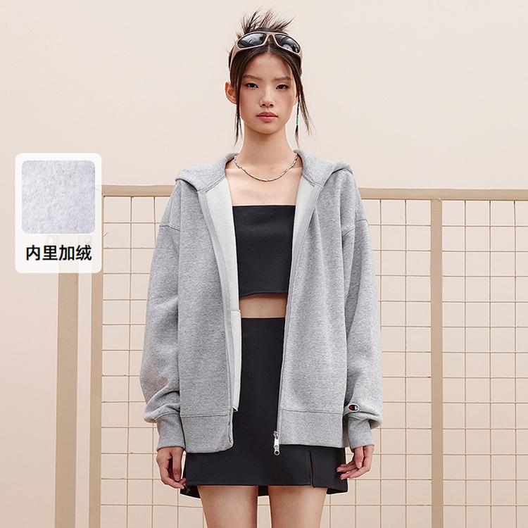 Champion 【品牌直营】秋季草写刺绣logo连帽卫衣女外套抓绒保暖 In Gray