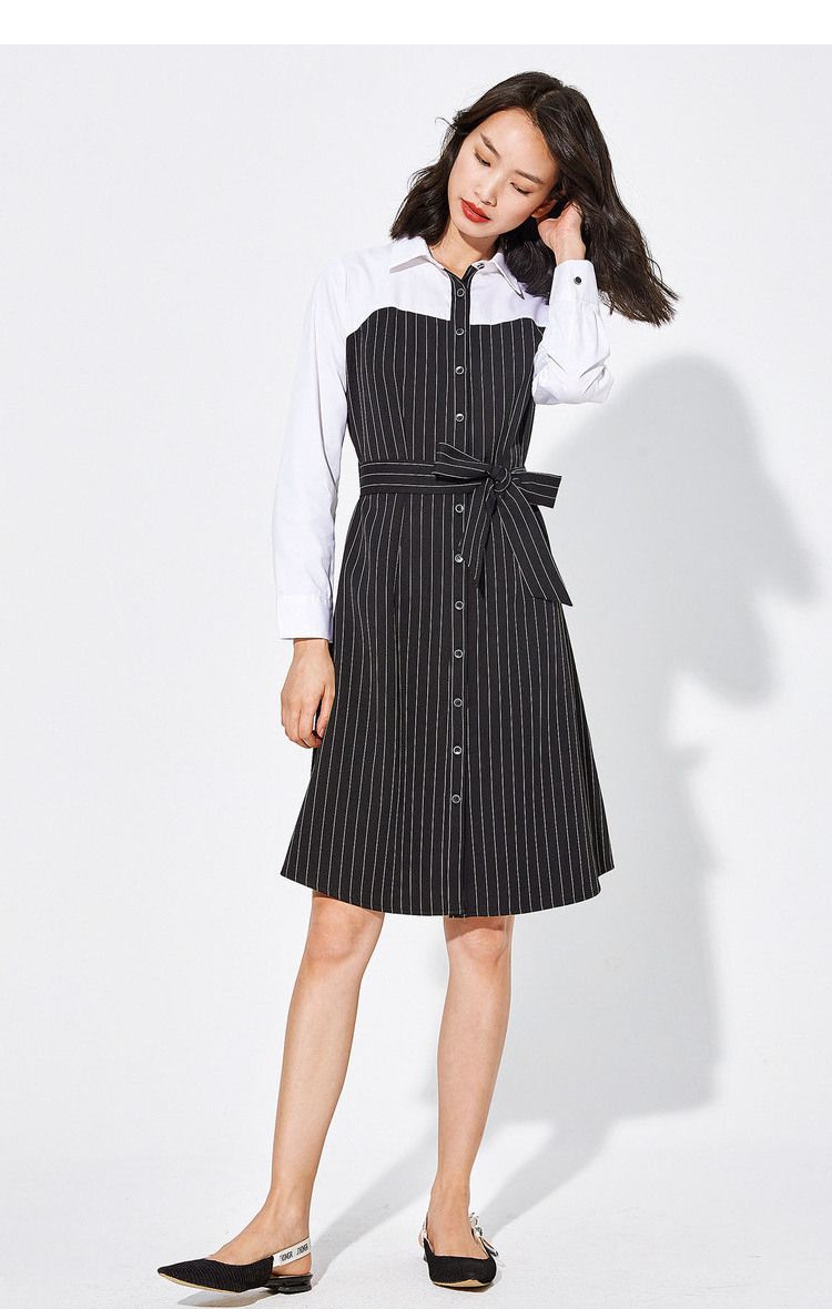 新款翻领单排扣长袖连衣裙条纹裙子