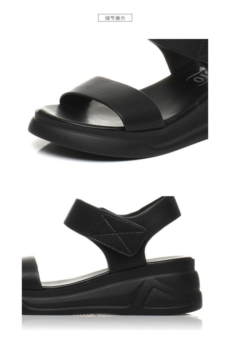百思图 夏季专柜同款黑色牛皮露趾坡跟一字带女凉鞋