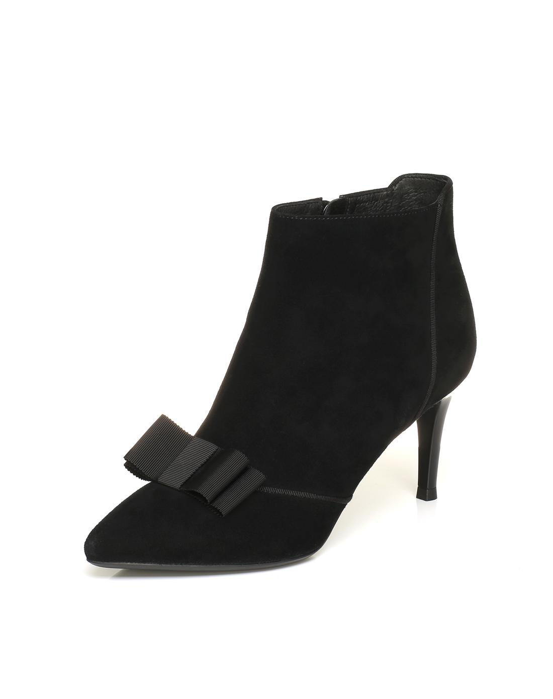 百思图冬季羊绒皮蝴蝶结尖头优雅细高跟女皮靴短靴黑色