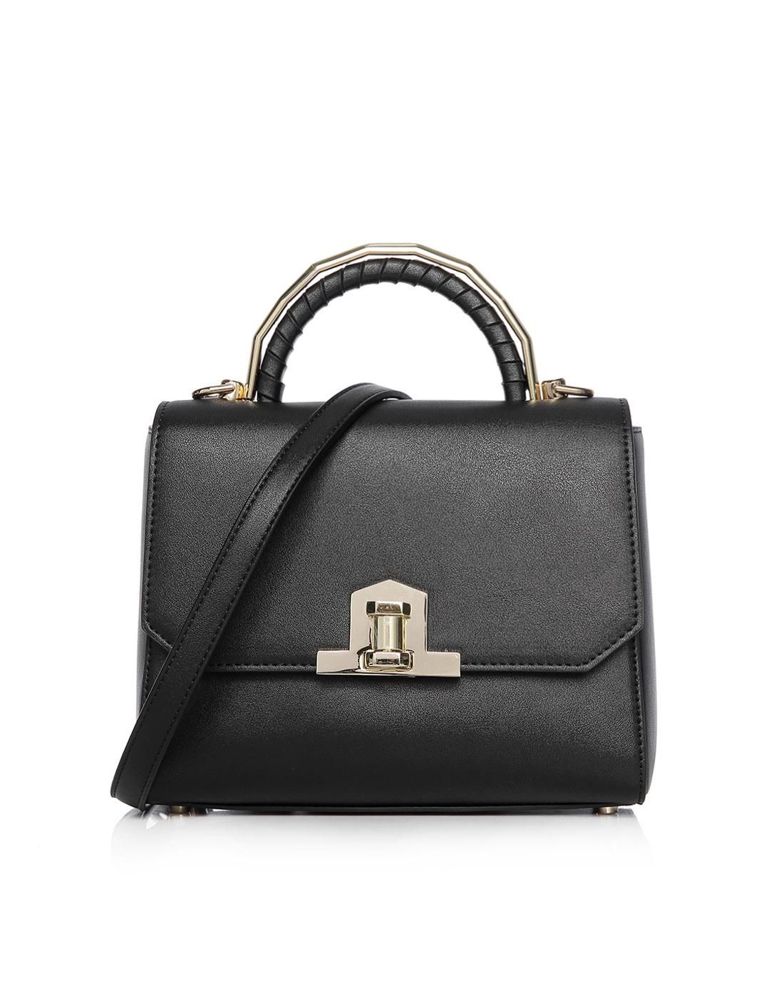 百思图 2018春季专柜同款黑色人造革简约纯色单肩斜挎女包