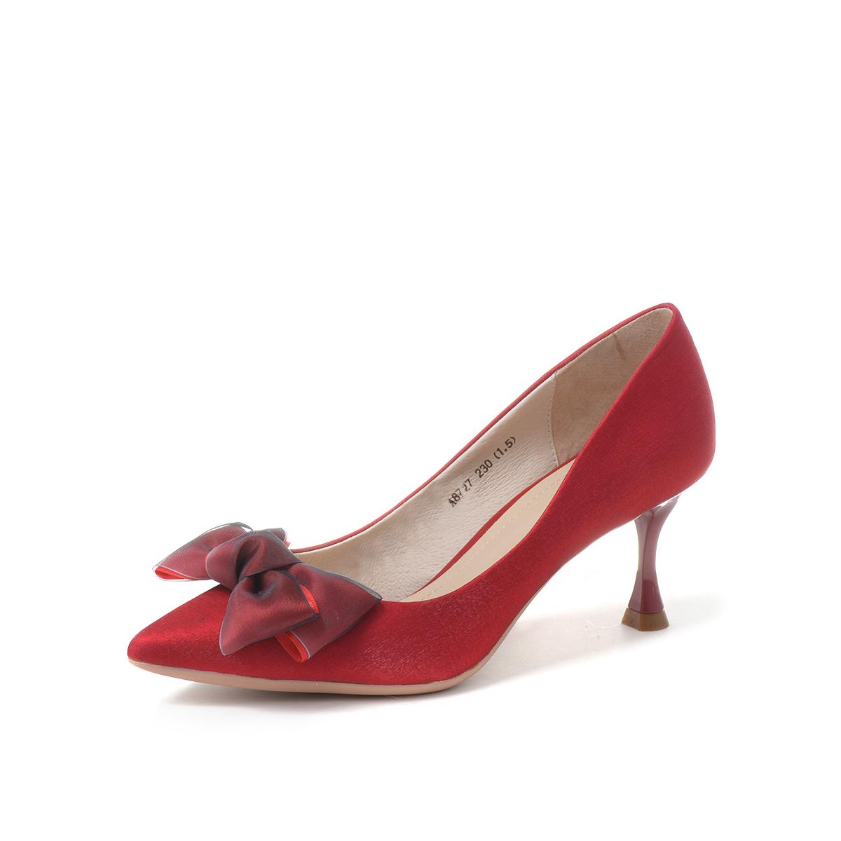 百思图 新款尖头浅口蝴蝶结气质时尚女细高跟鞋