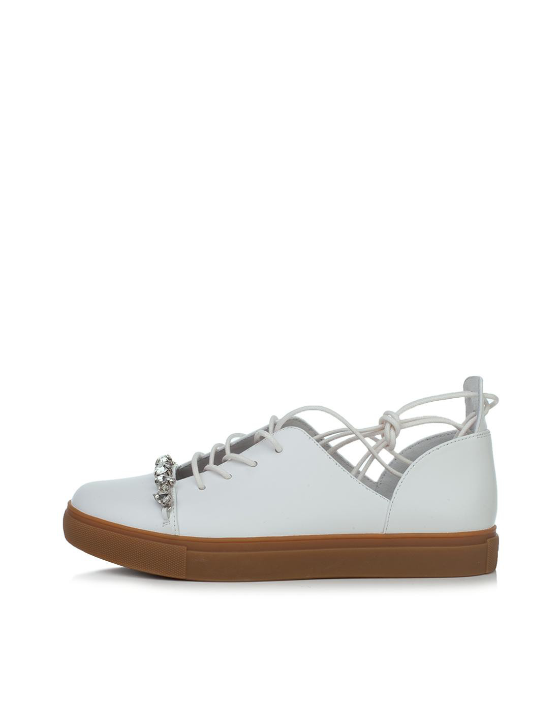 百思图basto女鞋包专场百思图牛皮水钻交叉绑带圆头平跟女休闲鞋小白