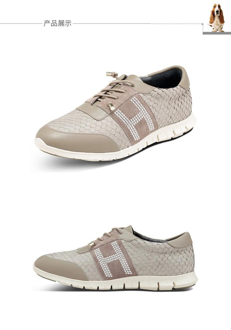 暇步士秋季专柜同款牛皮/羊皮厚底舒适女休闲鞋灰色