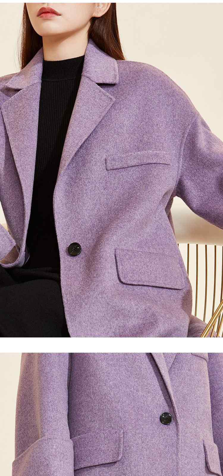新款冬装香芋紫双面呢中长款宽松西装领bf女外套