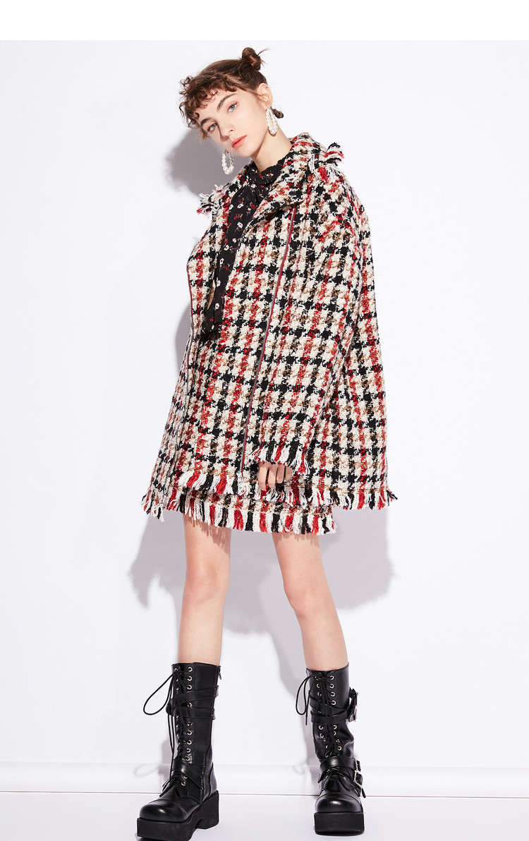 地素 名媛小香风千鸟格流苏短半身裙女