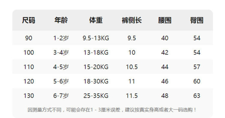 男童内裤尺码对照表图片