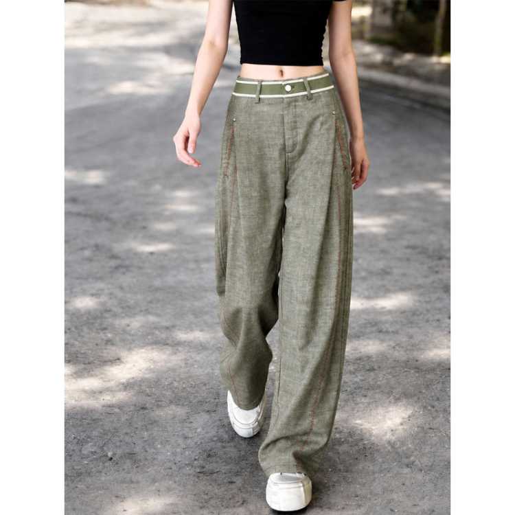 BASIC HOUSE 百家好撞色复古牛仔休闲裤女2026秋季宽松显瘦高腰弯刀裤长裤