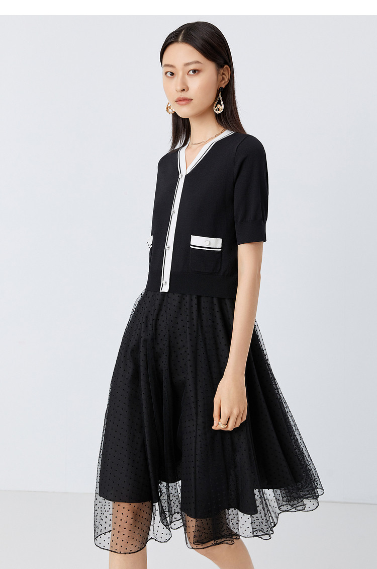 yiner音儿商场同款女装2021春季新款网纱波点拼接连衣裙