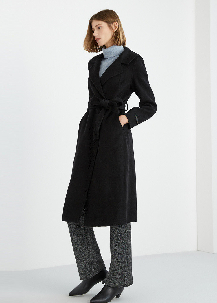 音儿女装2019冬长款系带纯羊毛双面呢大衣8c6938004