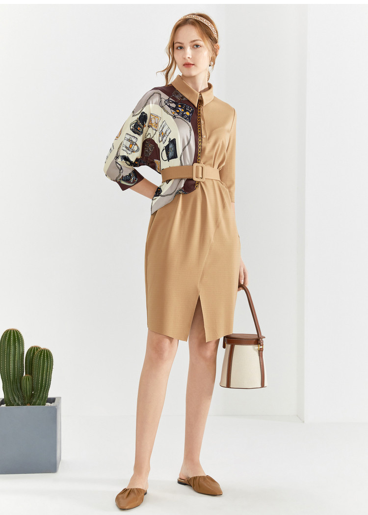 yiner音儿女装秋季时尚印花丝巾拼接polo领连衣裙