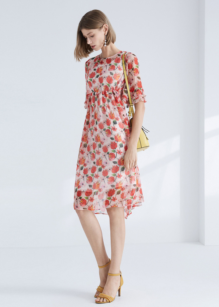 yiner音儿2019夏季新款碎花印花喇叭袖高腰真丝连衣裙