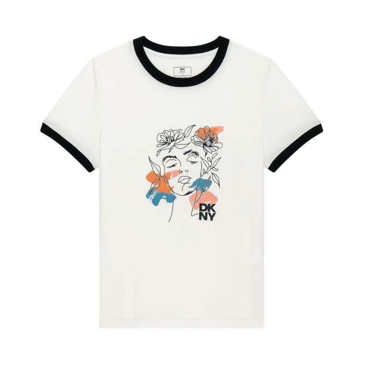 Dkny 【艺术家主题】撞色领口logo印花短袖女式t恤2024春夏 In White