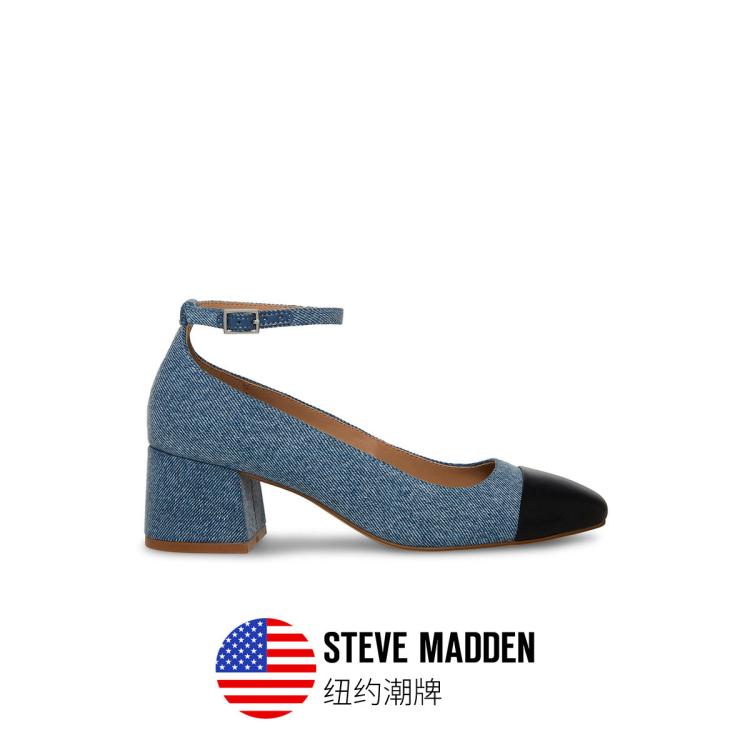Steve Madden 思美登2023秋季新款粗跟一字带搭扣玛丽珍鞋女单鞋eli In Blue