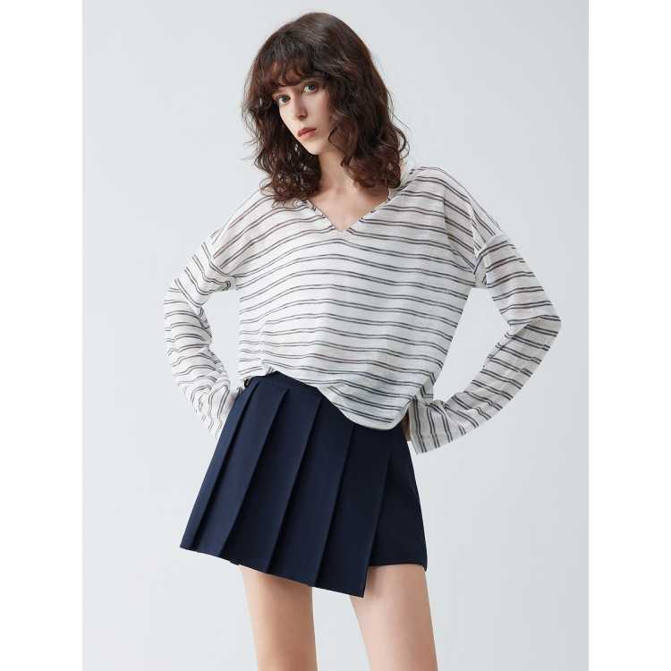 ELLE 松弛V领条纹针织衫女秋季款都市休闲风设计感T恤女