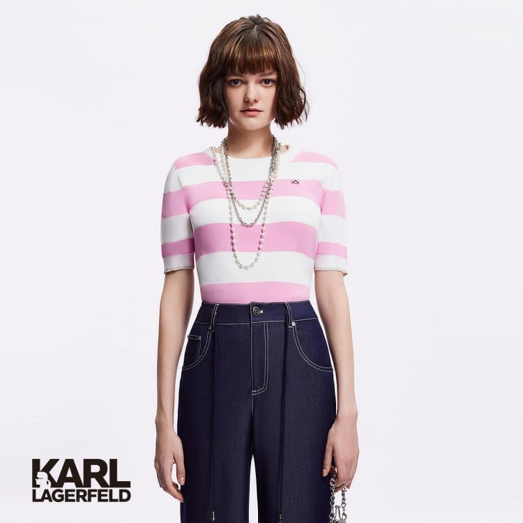 Karl Lagerfeld 【老佛爷】浅金饰边粉白条纹圆领短袖女针织衫2024春夏 In Pink