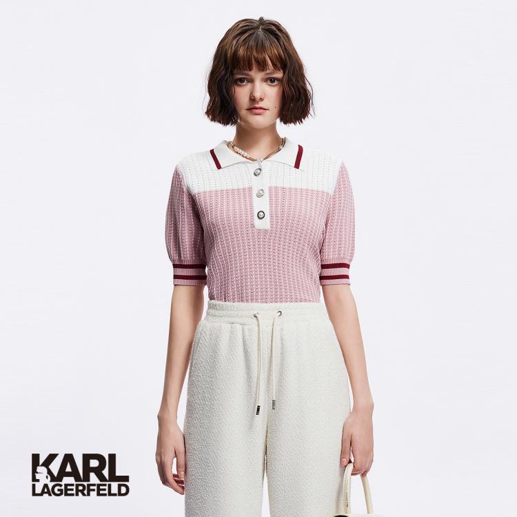 Karl Lagerfeld 【老佛爷】拼接polo领短袖女针织衫2024春夏 In Pink