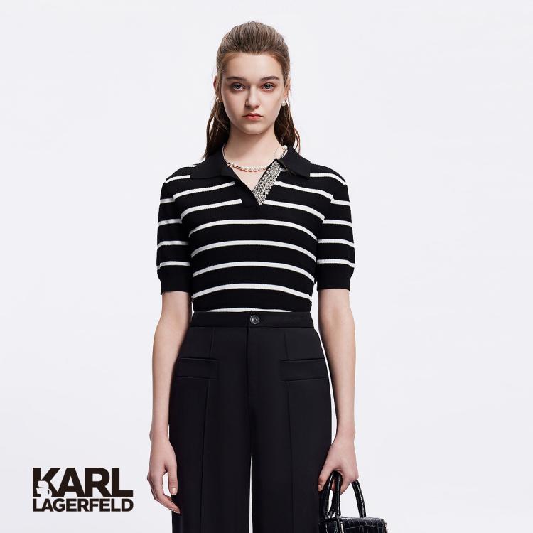 Karl Lagerfeld 【老佛爷】珍珠装饰条纹v领短袖女polo衫2024春夏 In Black