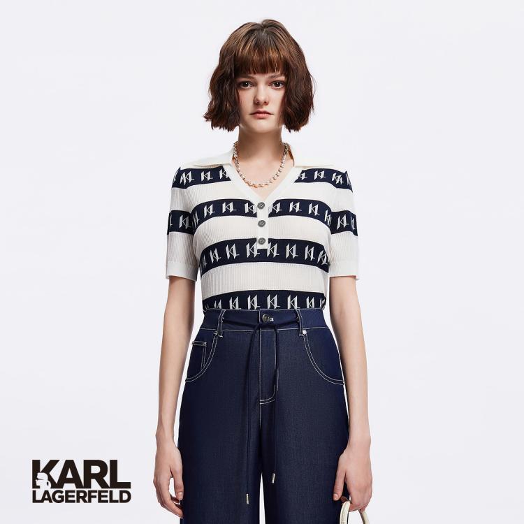 Karl Lagerfeld 【老佛爷】莱赛尔撞色条纹logo短袖女针织衫2024春夏 In White
