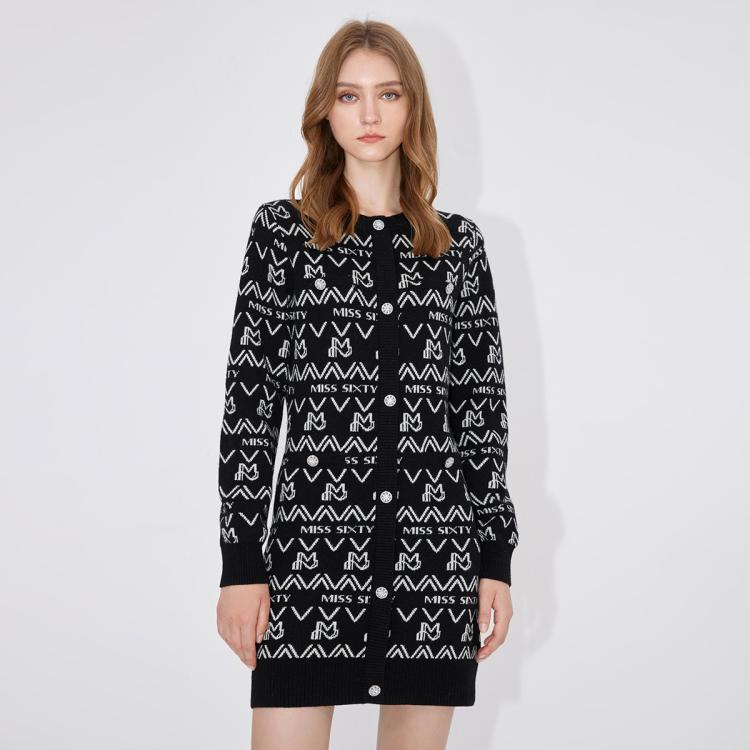 Miss Sixty 绵羊毛 秋季复古撞色花纹短款连衣裙女士小香风