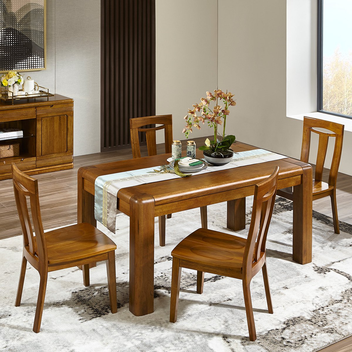 现代中式全实木抽屉餐桌4人饭桌一桌四椅组合胡桃木餐厅家具mn303