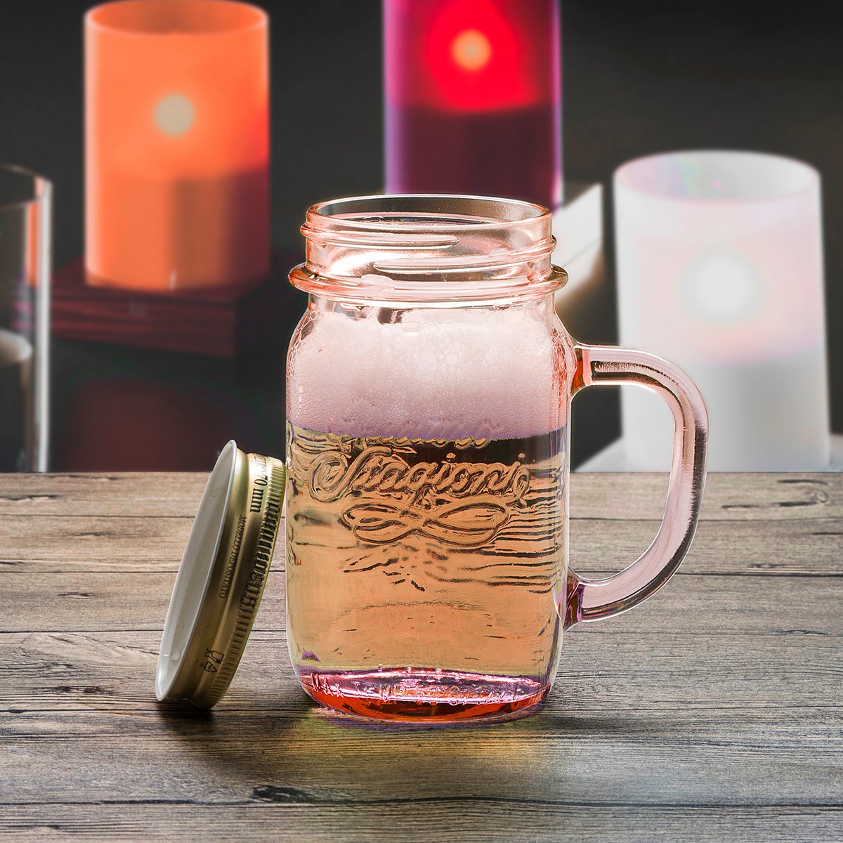 bormioli rocco进口公鸡杯带把创意玻璃饮料水杯带盖果汁梅森杯子两只