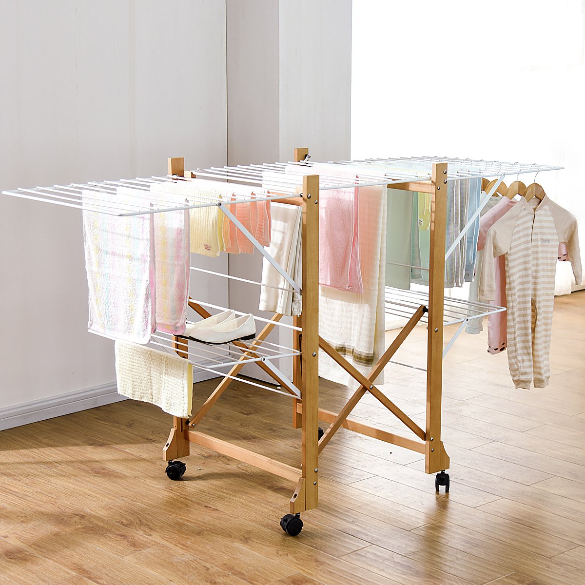 不锈钢窗外阳台晾晒架窗台晒鞋架折叠挂凉衣服架子实木小型晾衣架衣帽