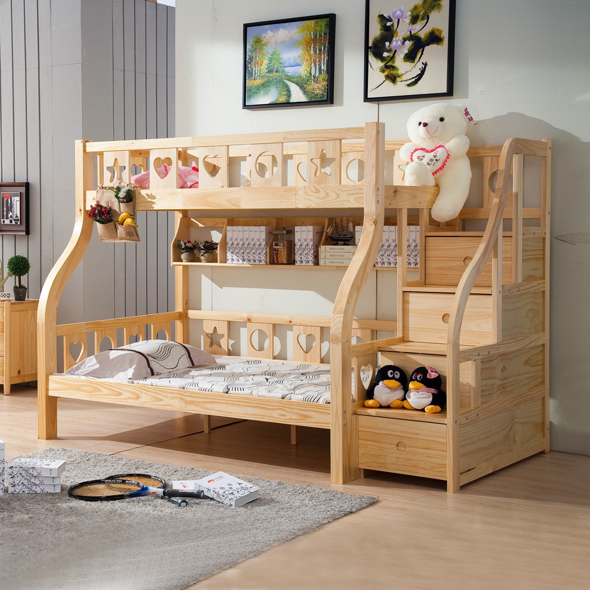 儿童环保松木双层子母床带书架梯柜实木高低床